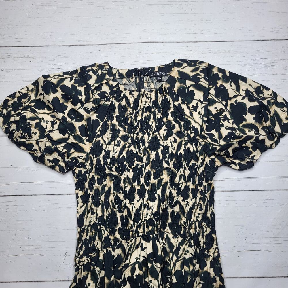 J Crew Meadow Dress Cotton Poplin Floral Black Tan Smock Puff Sleeve XL Tall - Picture 4 of 12